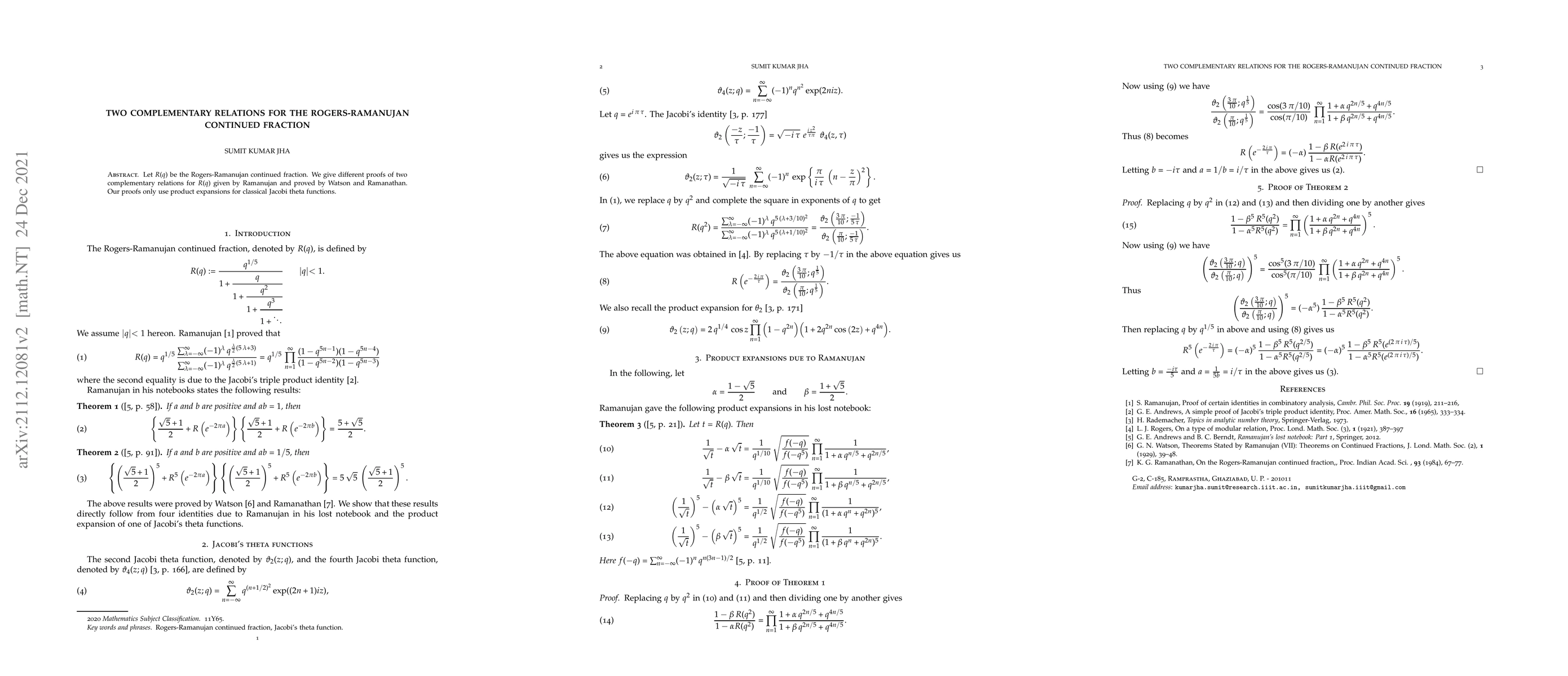 Thumbnail for Two complementary relations for the Rogers-Ramanujan continued fraction