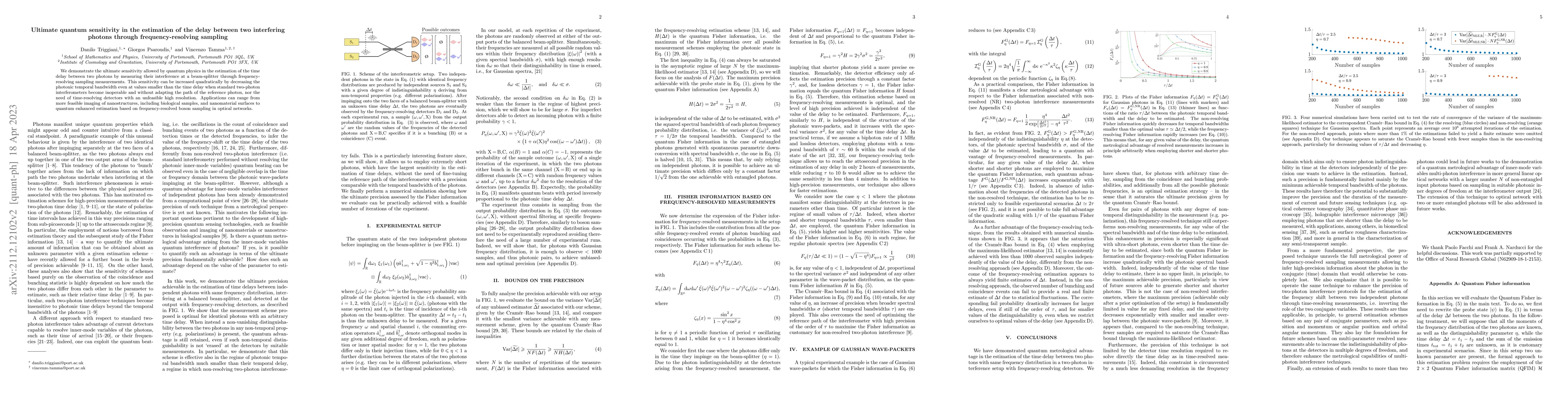 Thumbnail for Ultimate quantum sensitivity in the estimation of the delay between two
  interfering photons through frequency-resolving sampling