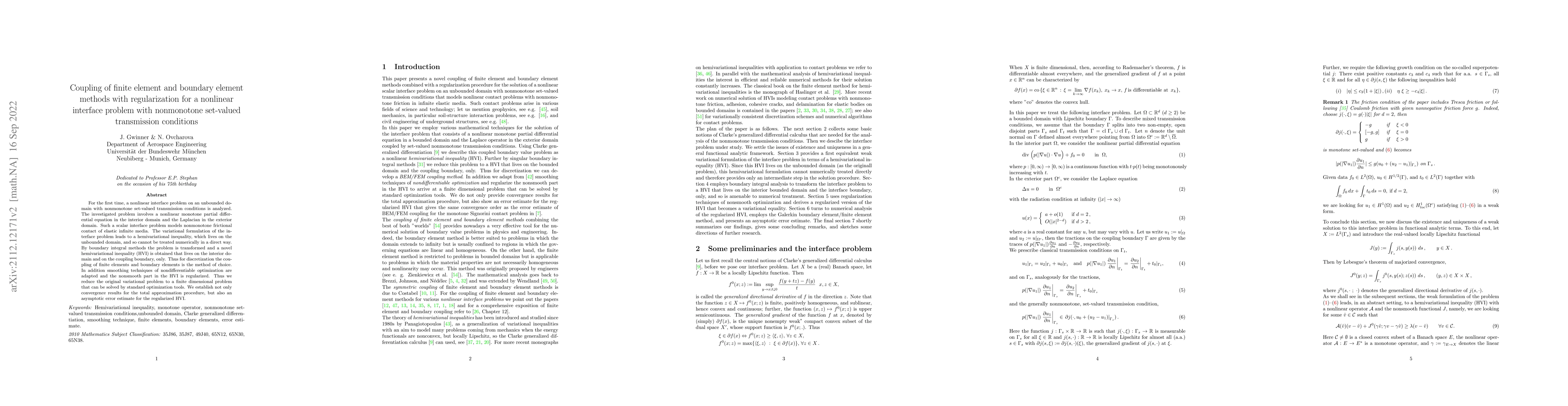 Thumbnail for Coupling of finite element and boundary element methods with
  regularization for a nonlinear interface problem with nonmonotone set-valued
  transmission conditions