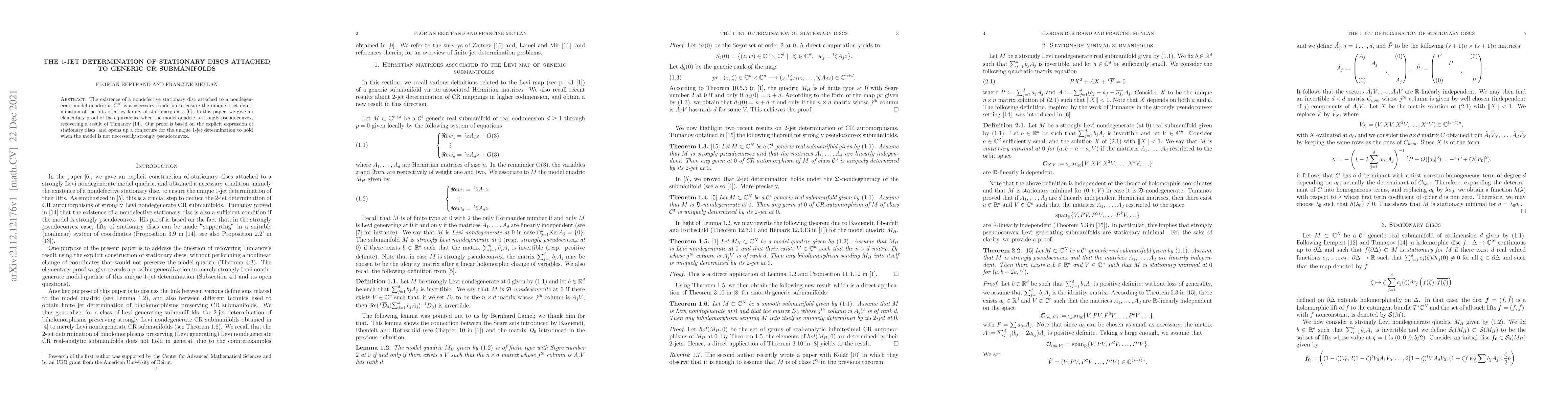 Thumbnail for The 1-jet determination of stationary discs attached to generic CR
  submanifolds
