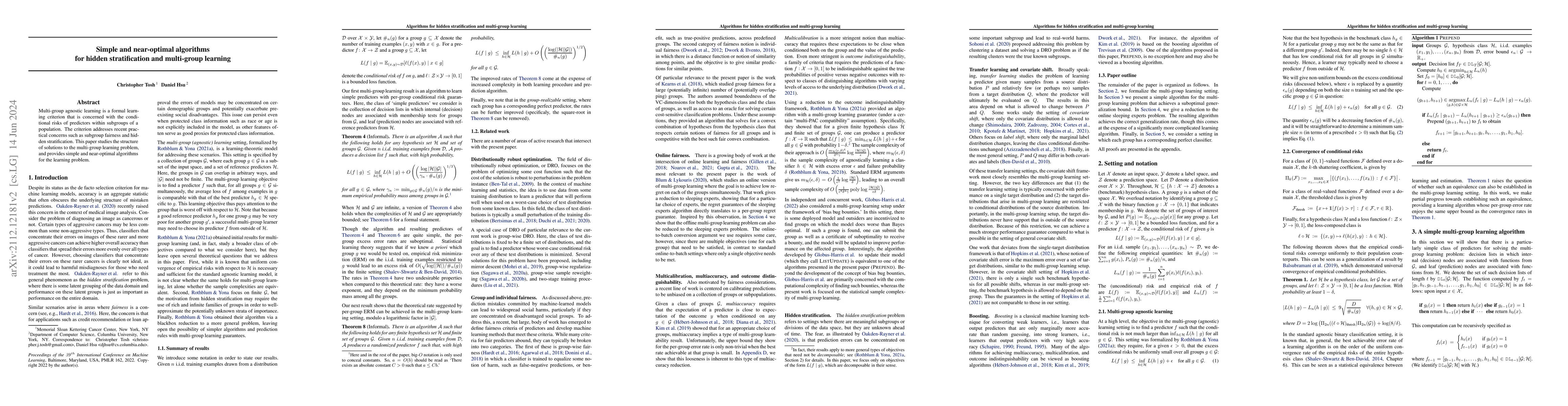 Thumbnail for Simple and near-optimal algorithms for hidden stratification and
  multi-group learning