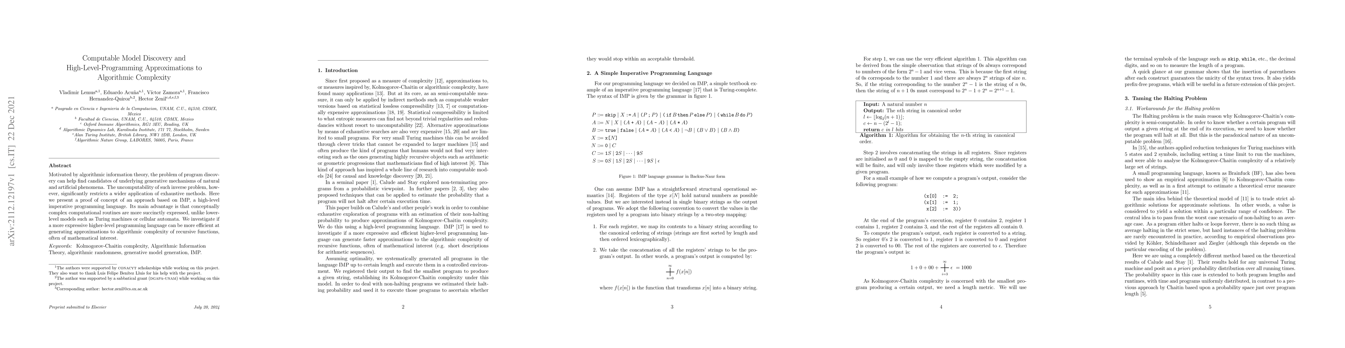 Thumbnail for Computable Model Discovery and High-Level-Programming Approximations to
  Algorithmic Complexity