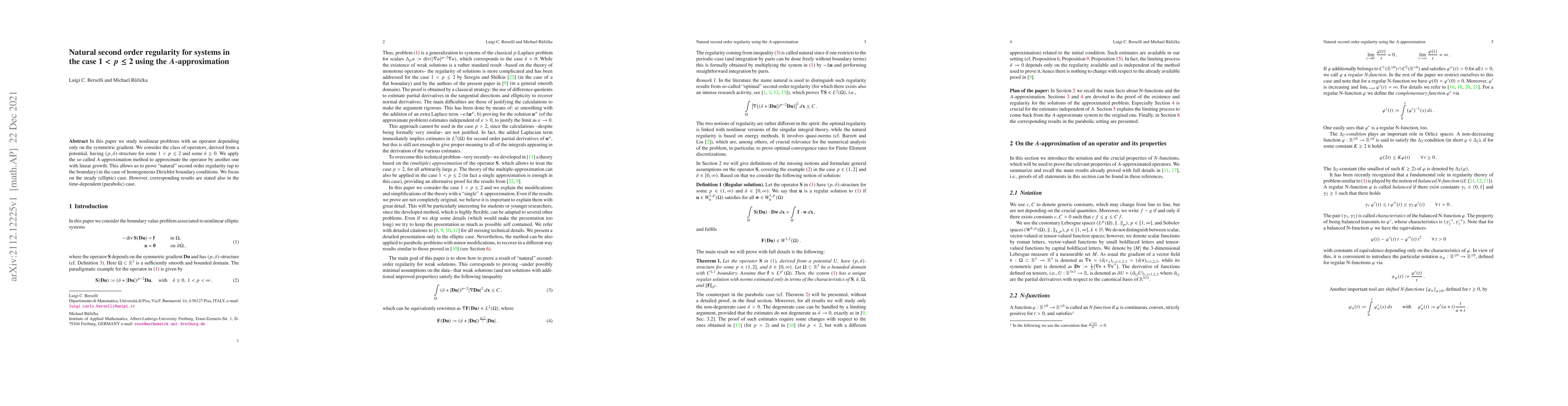 Thumbnail for Natural second order regularity for systems in the case $1<p\leq 2$
  using the $A$-approximation
