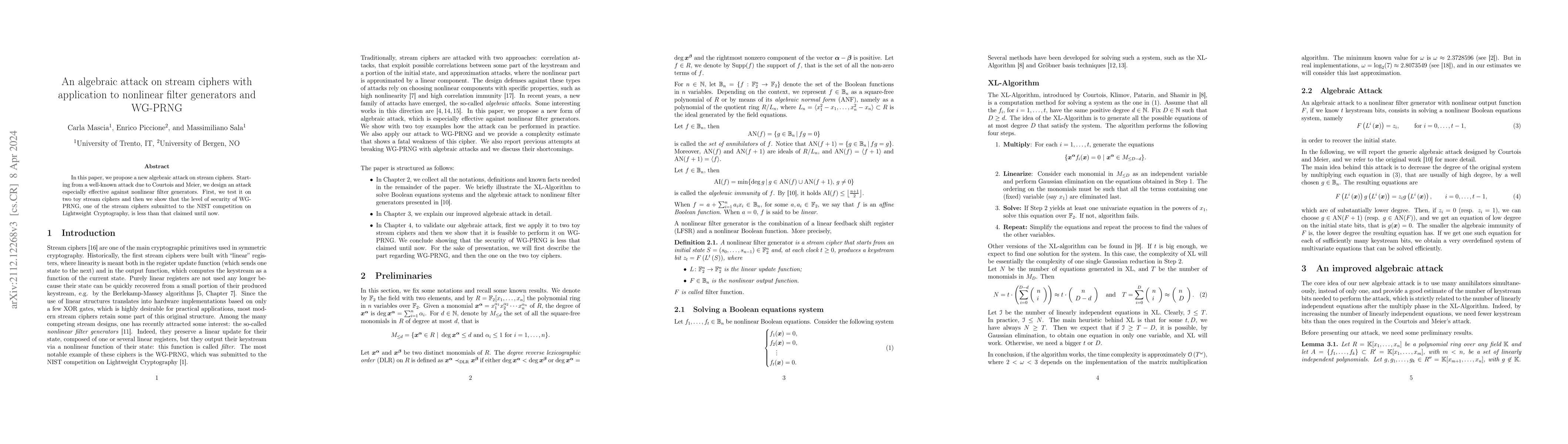 Thumbnail for An algebraic attack on stream ciphers with application to nonlinear
  filter generators and WG-PRNG