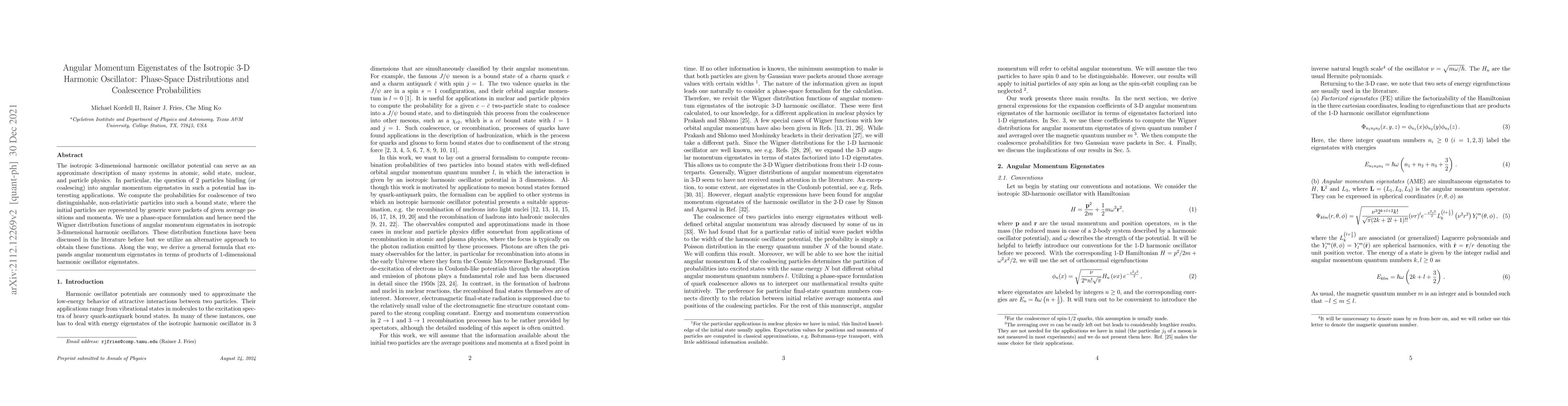 Thumbnail for Angular Momentum Eigenstates of the Isotropic 3-D Harmonic Oscillator:
  Phase-Space Distributions and Coalescence Probabilities