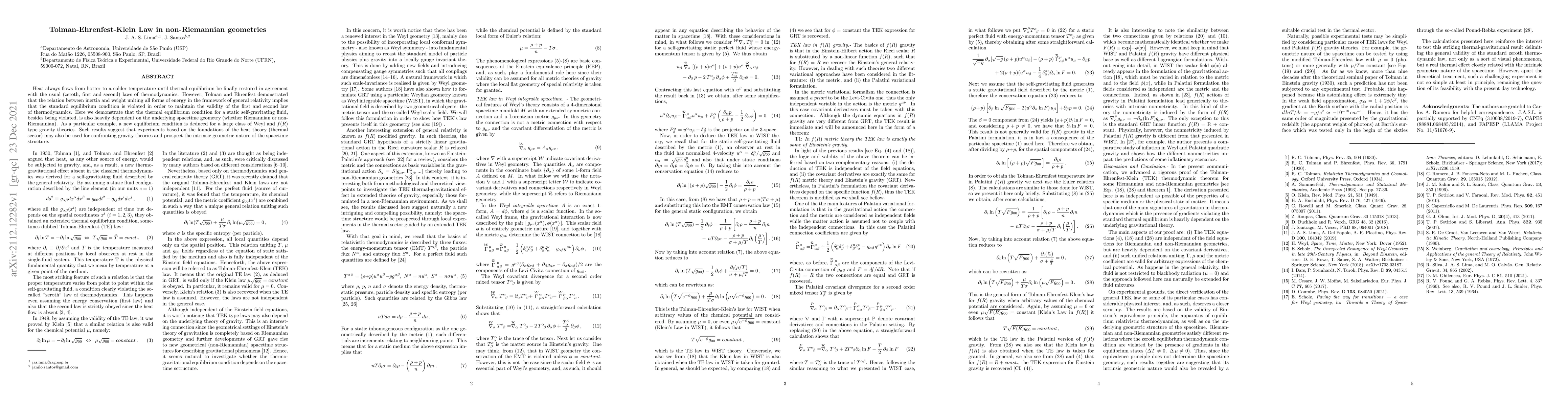 Thumbnail for Tolman-Ehrenfest-Klein Law in non-Riemannian geometries