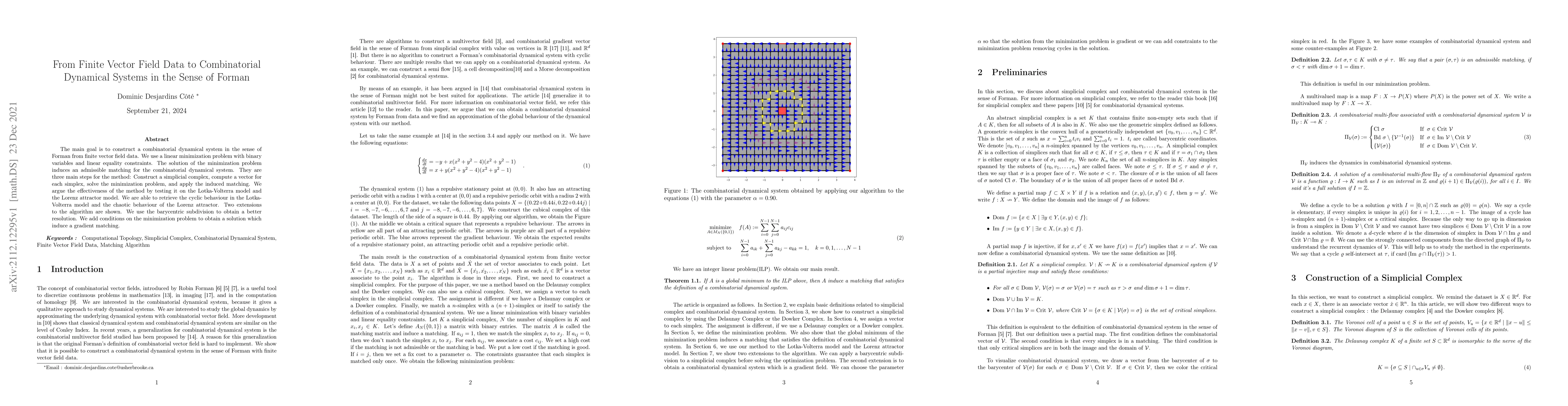 Thumbnail for From Finite Vector Field Data to Combinatorial Dynamical Systems in the
  Sense of Forman