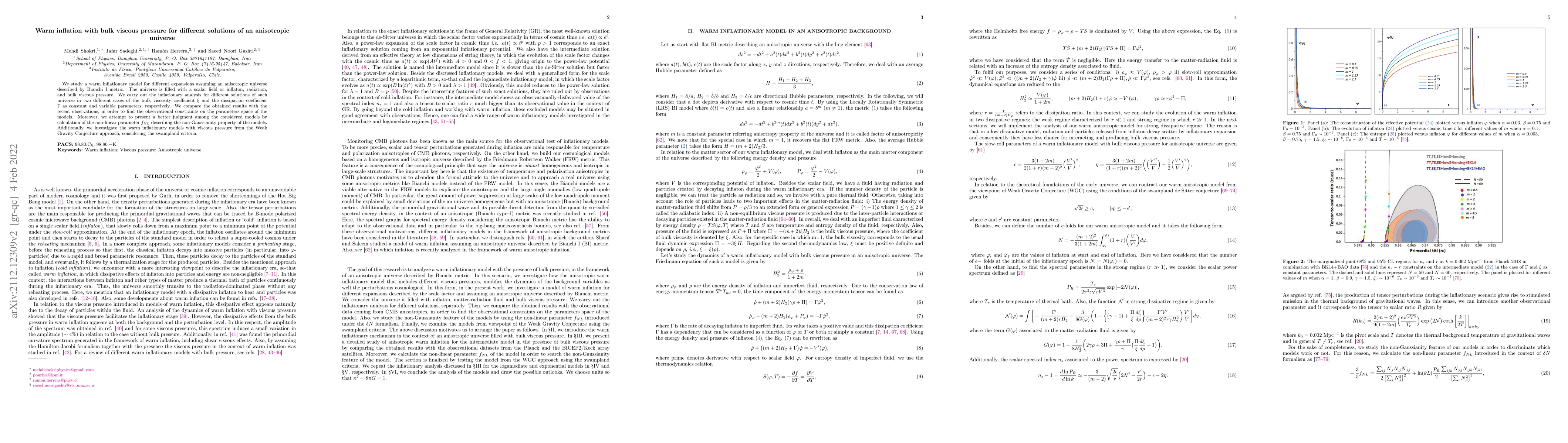 Thumbnail for Warm inflation with bulk viscous pressure for different solutions of an
  anisotropic universe