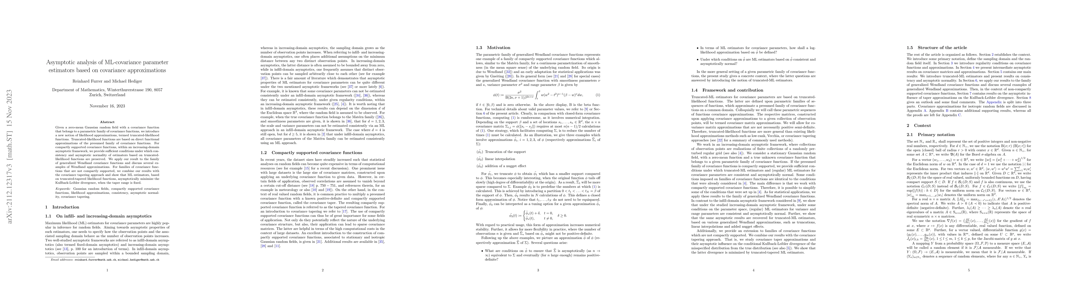 Thumbnail for Asymptotic analysis of ML-covariance parameter estimators based on
  covariance approximations