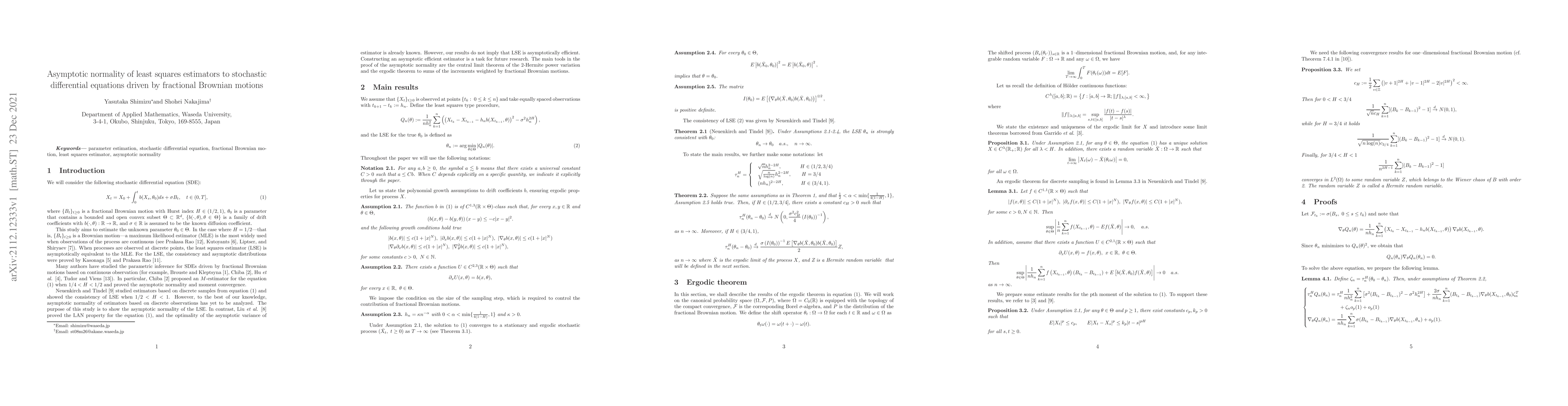 Thumbnail for Asymptotic normality of least squares estimators to stochastic
  differential equations driven by fractional Brownian motions