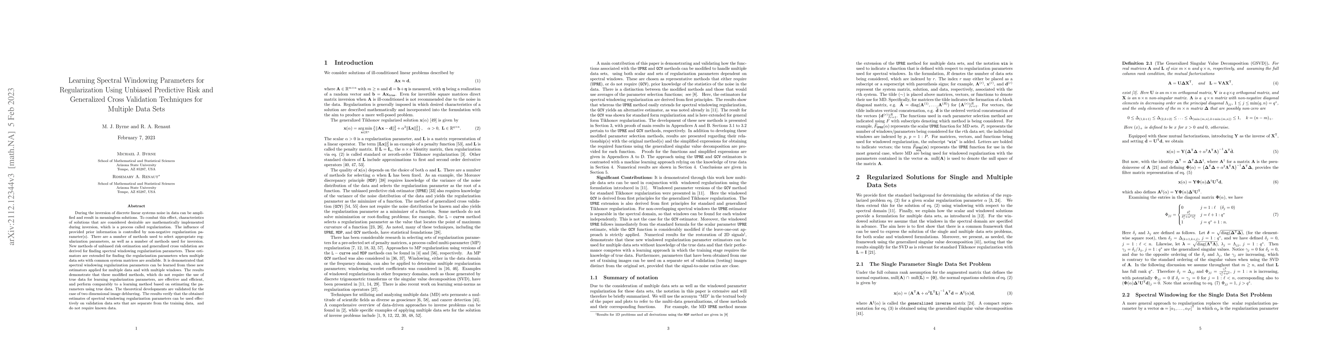 Thumbnail for Learning Spectral Windowing Parameters for Regularization Using Unbiased
  Predictive Risk and Generalized Cross Validation Techniques for Multiple Data
  Sets
