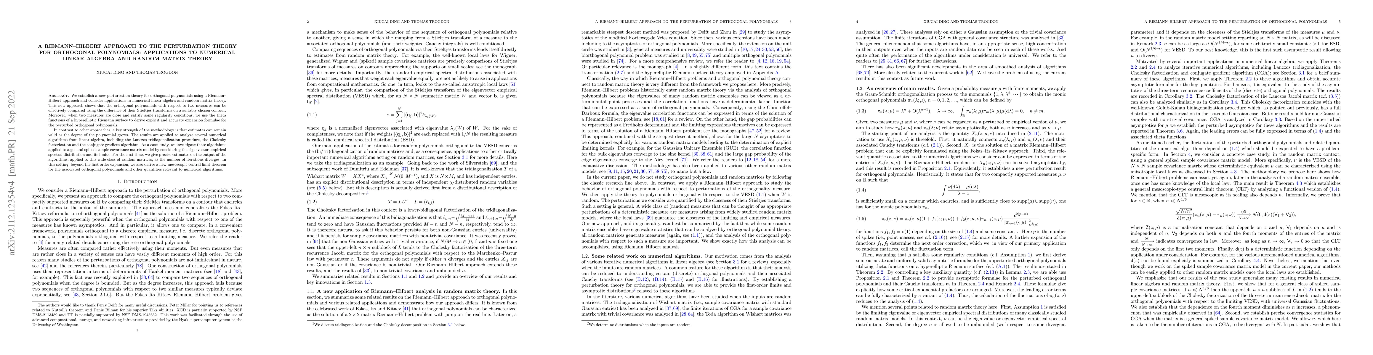 Thumbnail for A Riemann--Hilbert approach to the perturbation theory for orthogonal
  polynomials: Applications to numerical linear algebra and random matrix
  theory