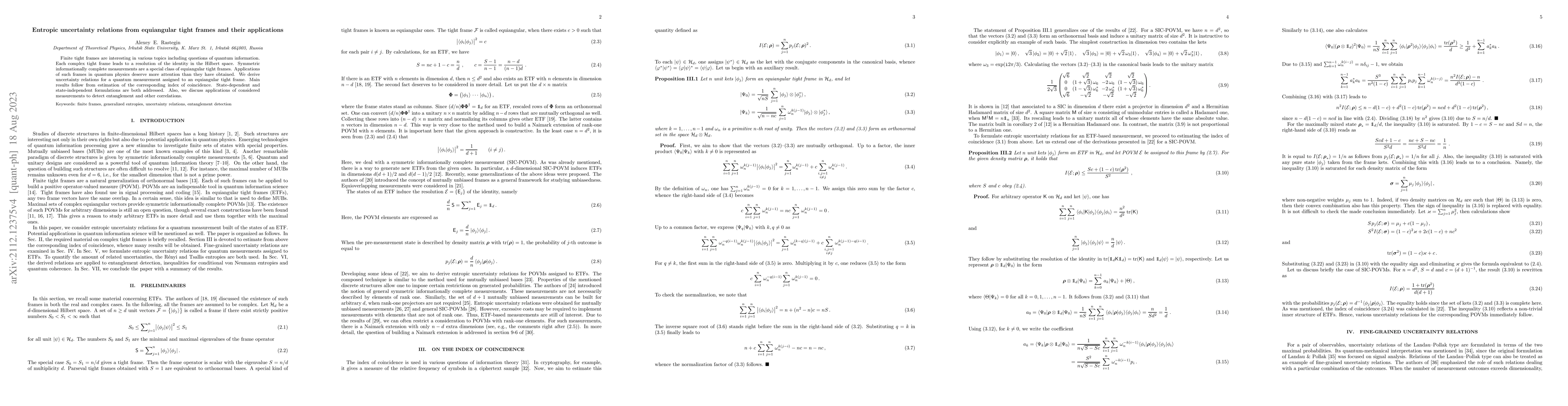 Thumbnail for Entropic uncertainty relations from equiangular tight frames and their
  applications