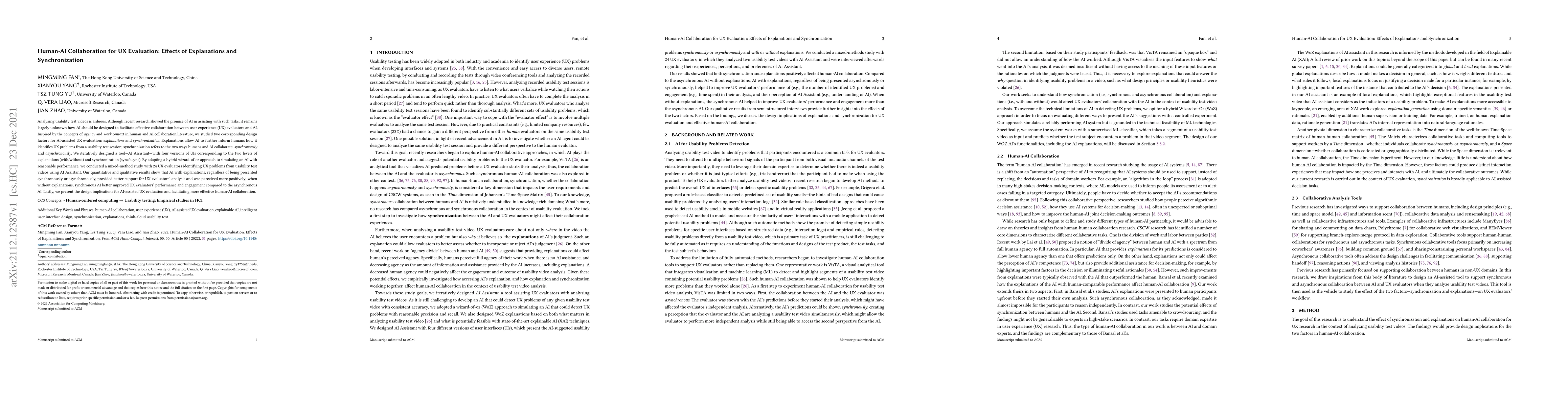 Thumbnail for Human-AI Collaboration for UX Evaluation: Effects of Explanation and
  Synchronization