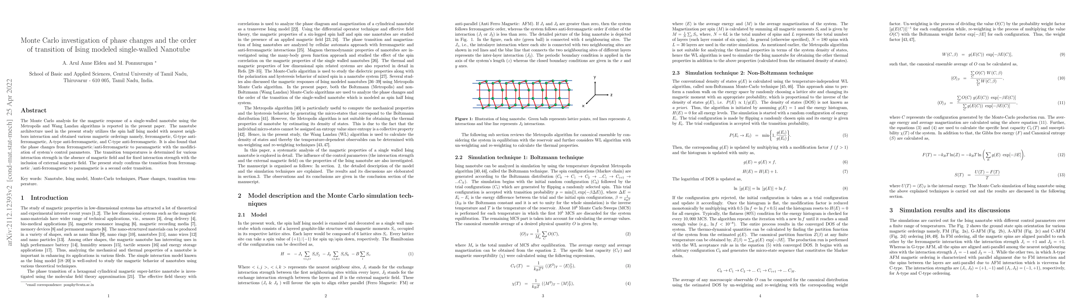 Thumbnail for Monte Carlo investigation of phase changes and the order of transition
  of Ising modeled single-walled Nanotube