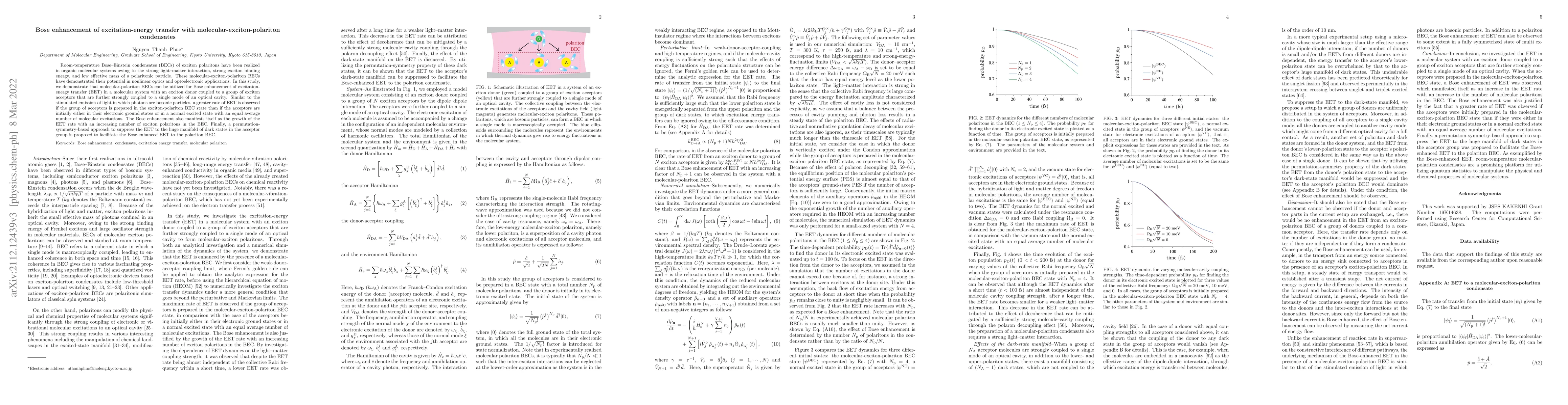 Thumbnail for Bose enhancement of excitation-energy transfer with
  molecular-exciton-polariton condensates