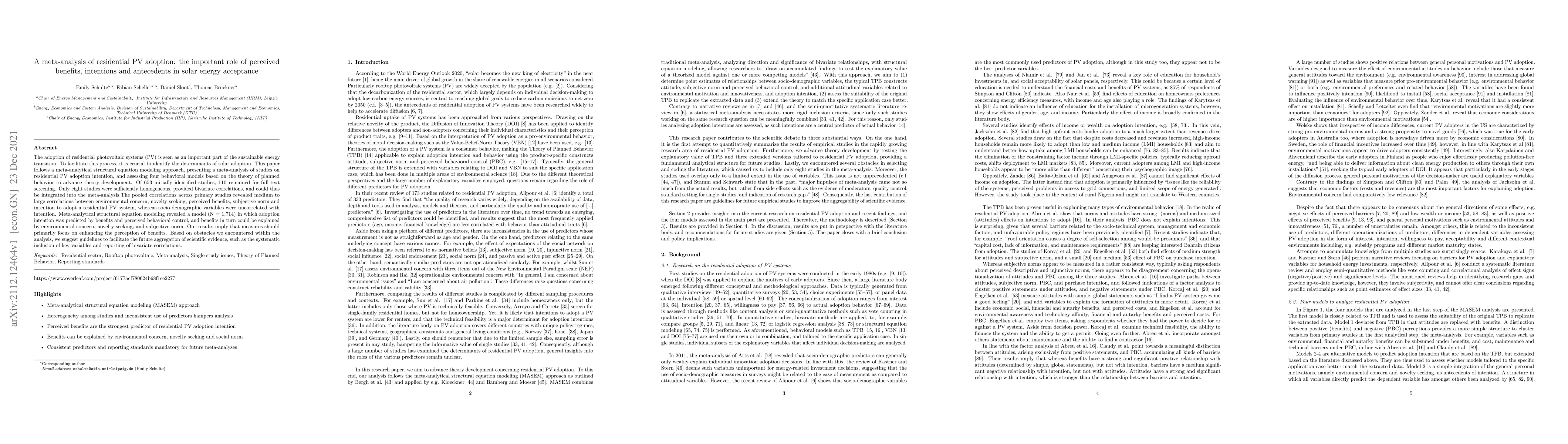 Thumbnail for A meta-analysis of residential PV adoption: the important role of
  perceived benefits, intentions and antecedents in solar energy acceptance
