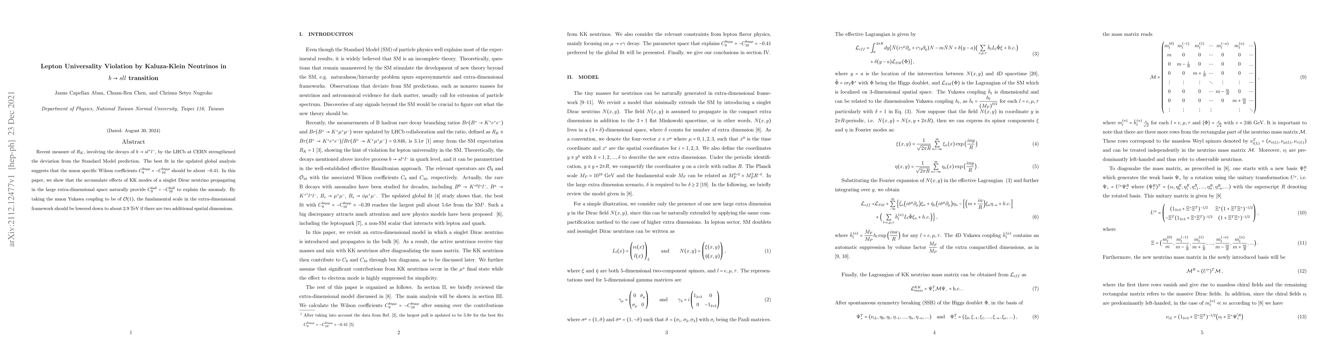 Thumbnail for Lepton Universality Violation by Kaluza-Klein Neutrinos in $b\to s l l$
  transition