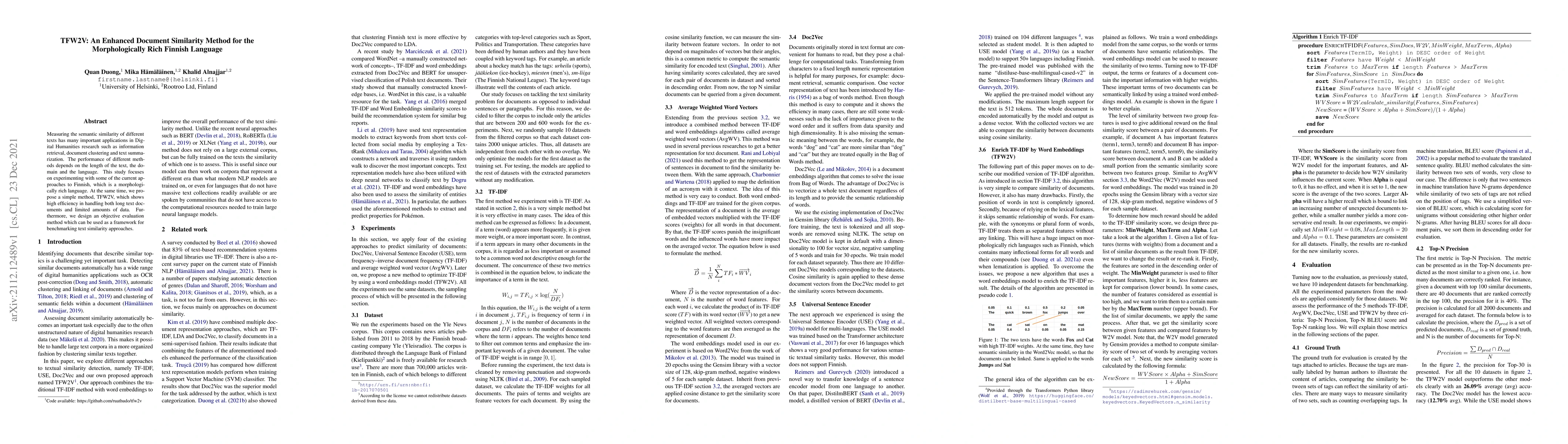 Thumbnail for TFW2V: An Enhanced Document Similarity Method for the Morphologically
  Rich Finnish Language