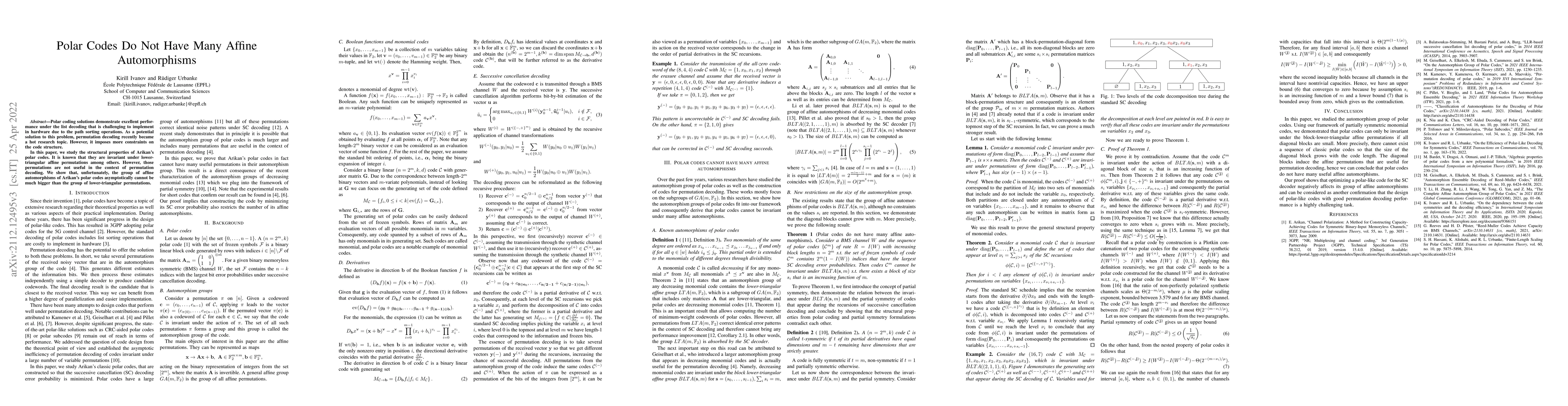 Thumbnail for Polar Codes Do Not Have Many Affine Automorphisms