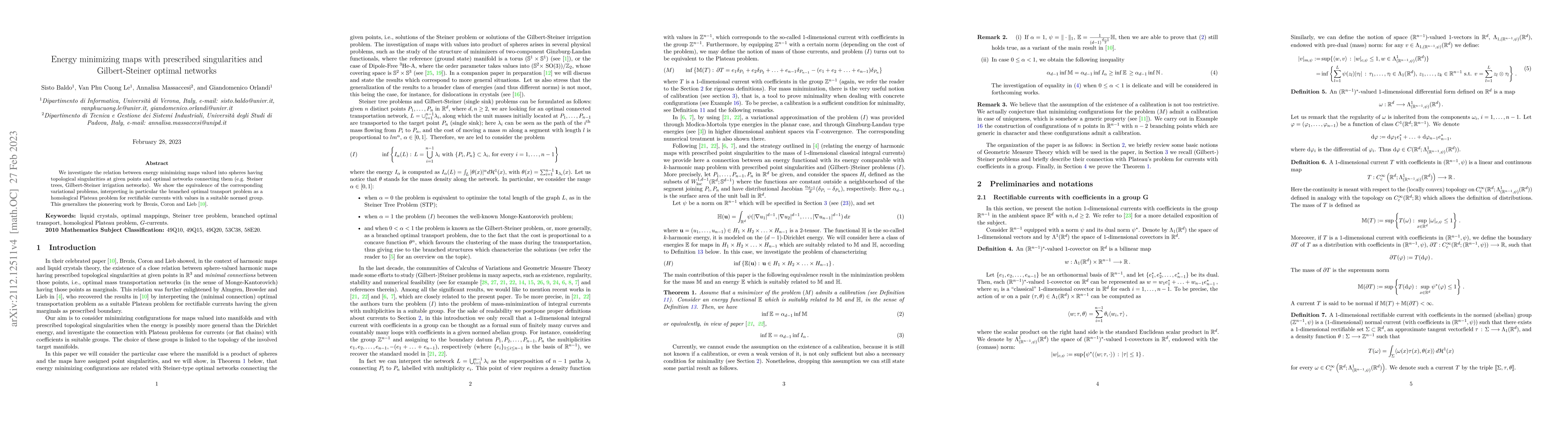 Thumbnail for Energy minimizing maps with prescribed singularities and Gilbert-Steiner
  optimal networks