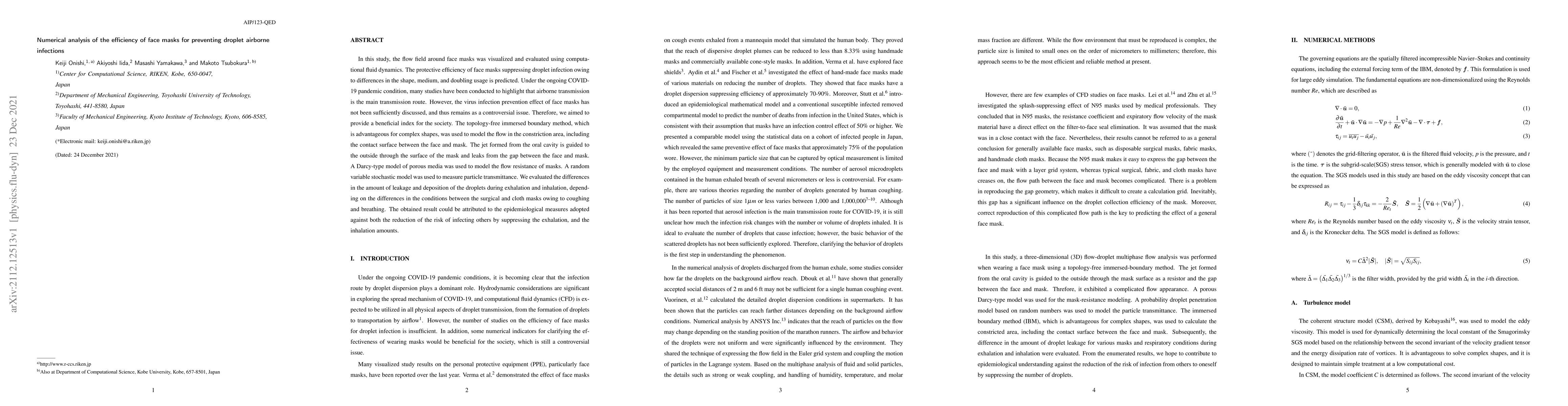 Thumbnail for Numerical analysis of the efficiency of face masks for preventing
  droplet airborne infections