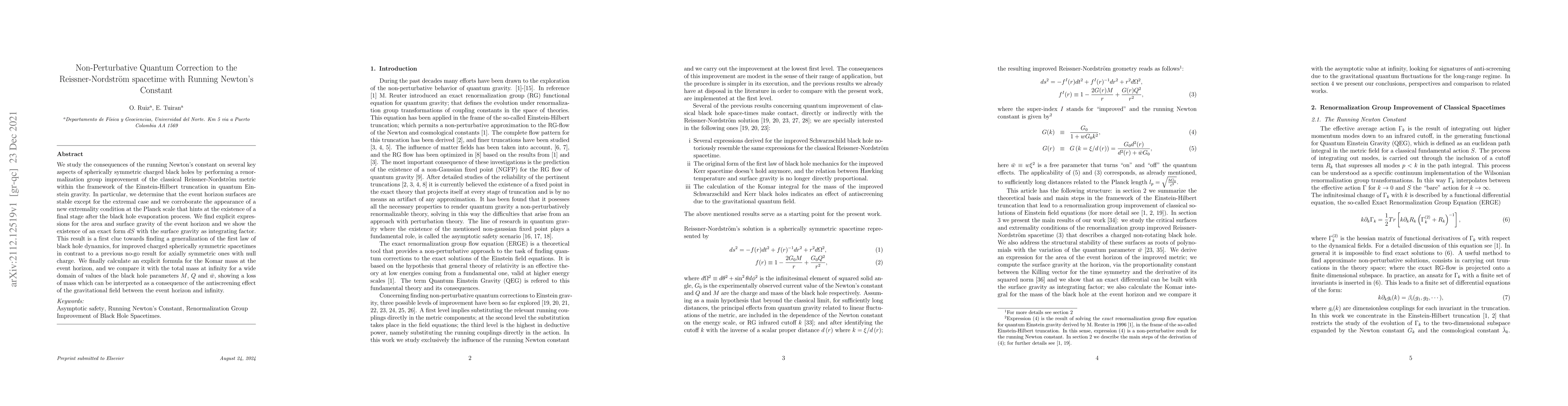 Thumbnail for Non-Perturbative Quantum Correction to the Reissner-Nordstr\"om
  spacetime with Running Newton's Constant