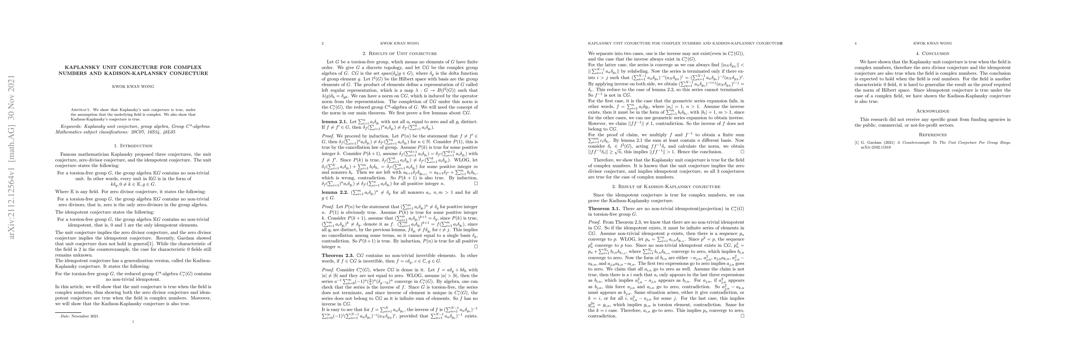 Thumbnail for Kaplansky Unit conjecture for complex numbers