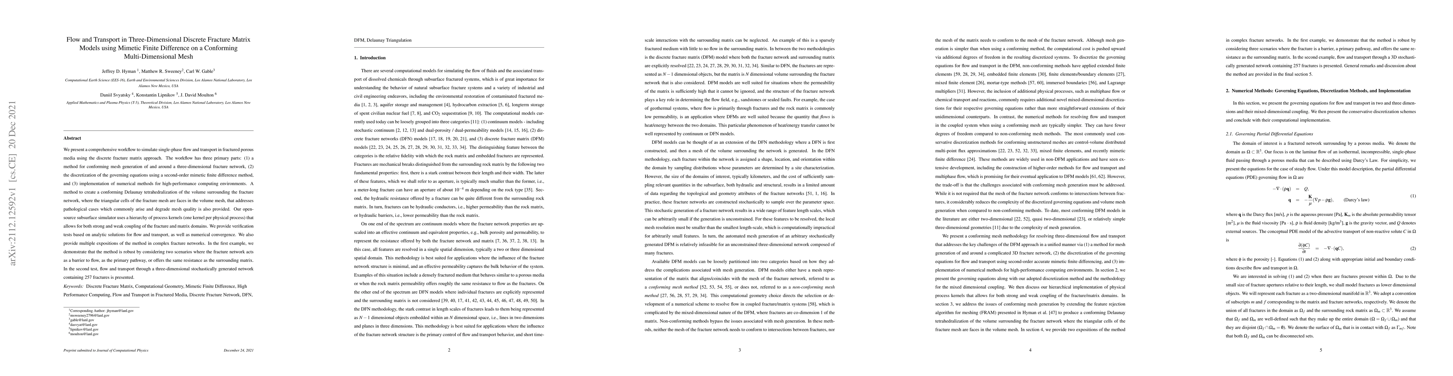 Thumbnail for Flow and Transport in Three-Dimensional Discrete Fracture Matrix Models
  using Mimetic Finite Difference on a Conforming Multi-Dimensional Mesh