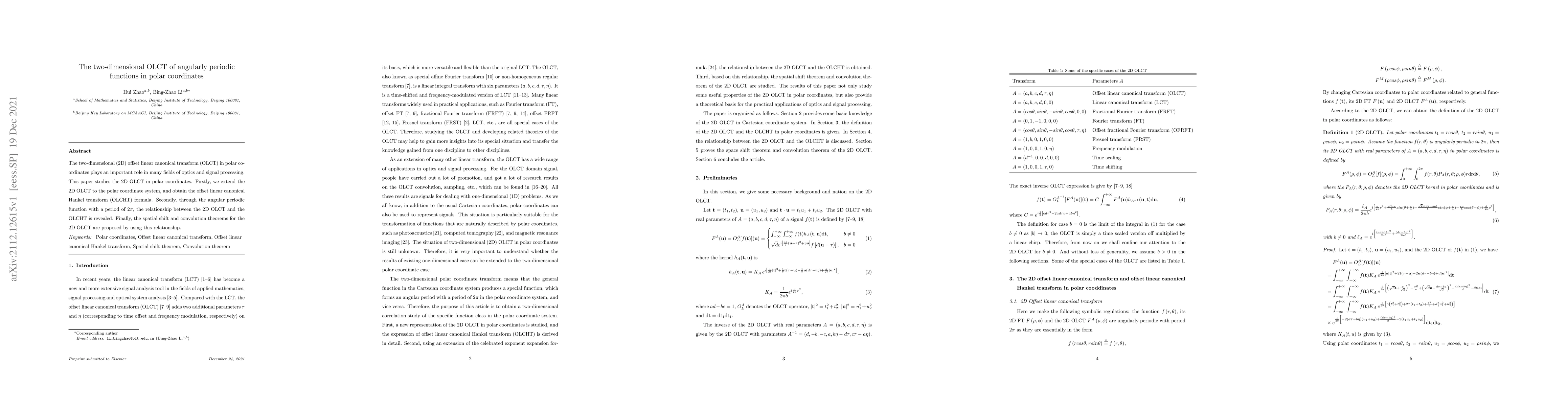 Thumbnail for The two-dimensional OLCT of angularly periodic functions in polar
  coordinates