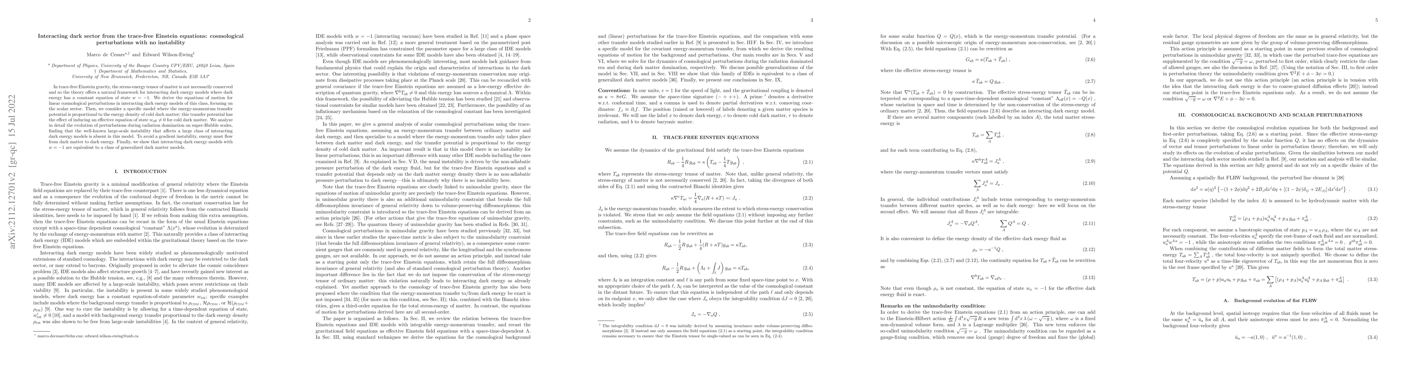 Thumbnail for Interacting dark sector from the trace-free Einstein equations:
  cosmological perturbations with no instability