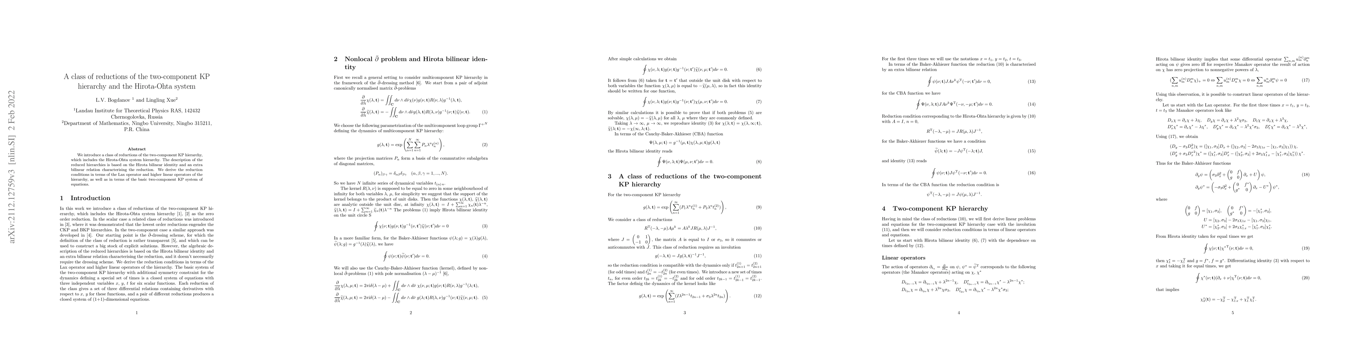 Thumbnail for A class of reductions of the two-component KP hierarchy and the
  Hirota-Ohta system