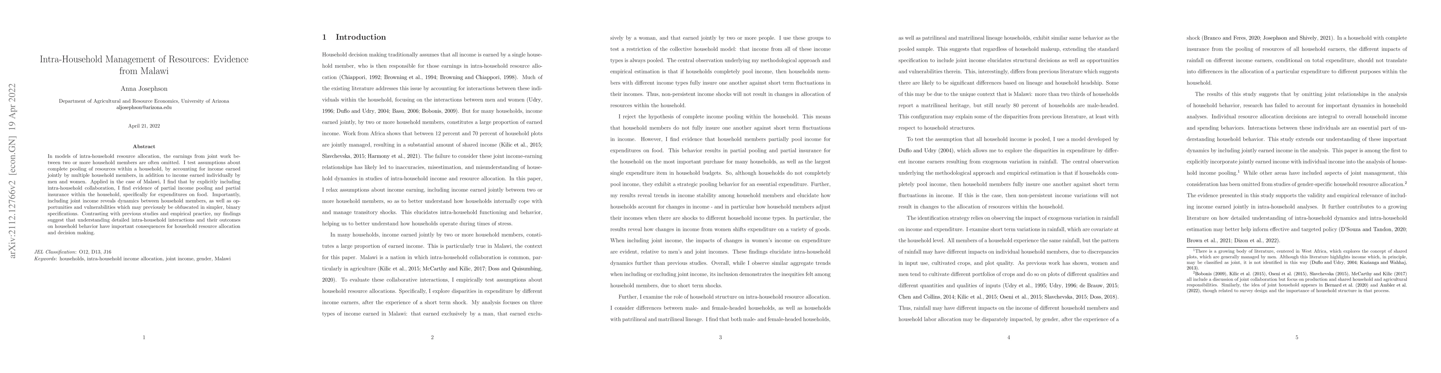 Thumbnail for Intra-Household Management of Joint Resources: Evidence from Malawi