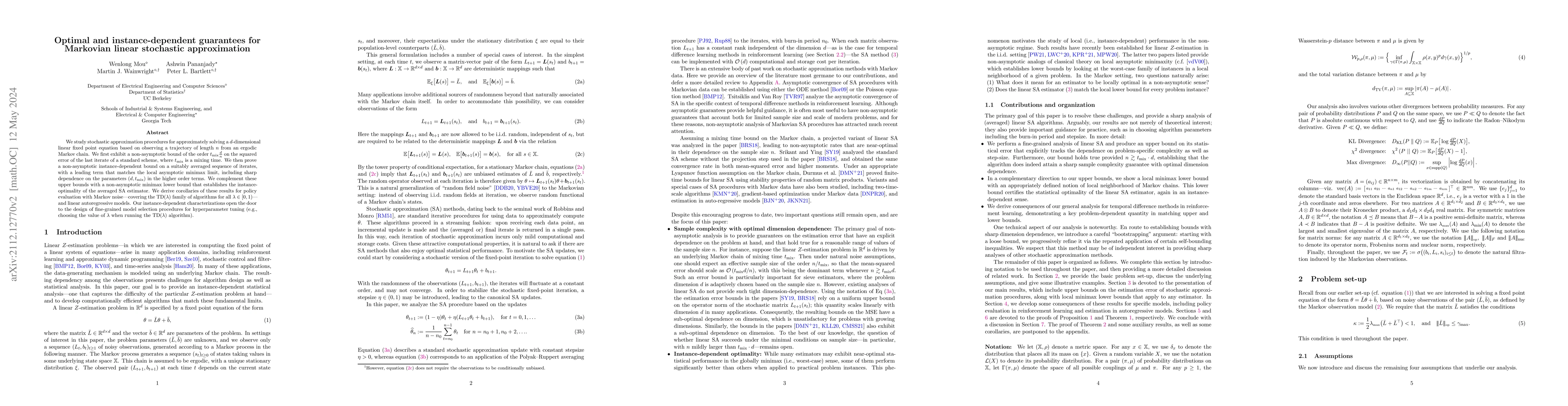 Thumbnail for Optimal and instance-dependent guarantees for Markovian linear
  stochastic approximation