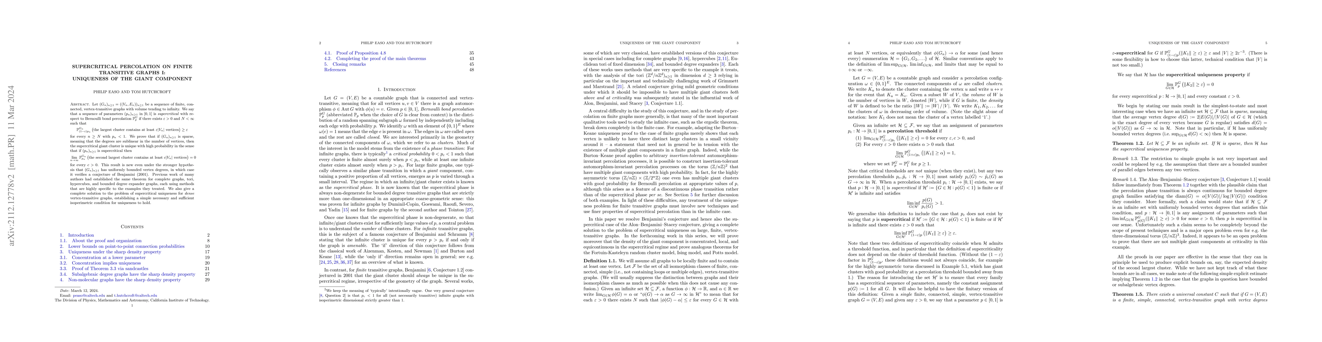 Thumbnail for Supercritical percolation on finite transitive graphs I: Uniqueness of
  the giant component