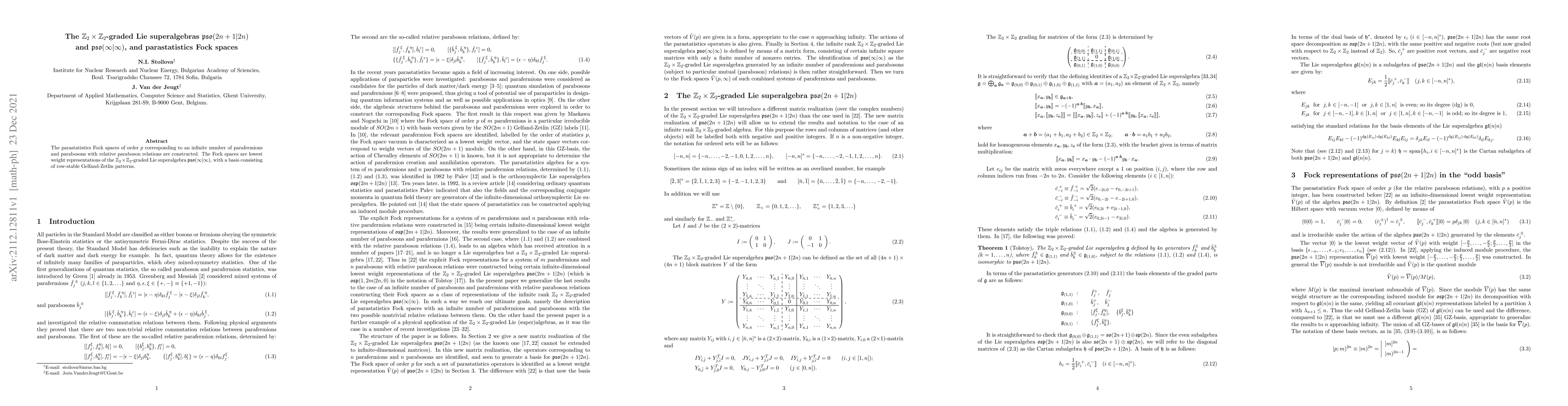 Thumbnail for The $Z_2 \times Z_2$-graded Lie superalgebras $pso(2n+1|2n)$ and
  $pso(\infty|\infty)$, and parastatistics Fock spaces