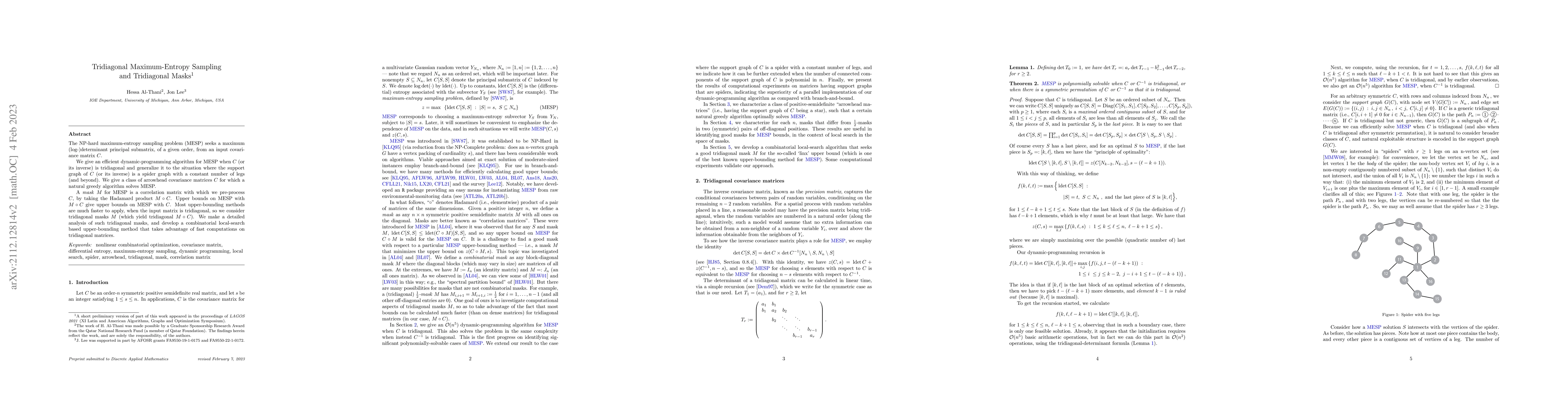 Thumbnail for Tridiagonal Maximum-Entropy Sampling and Tridiagonal Masks