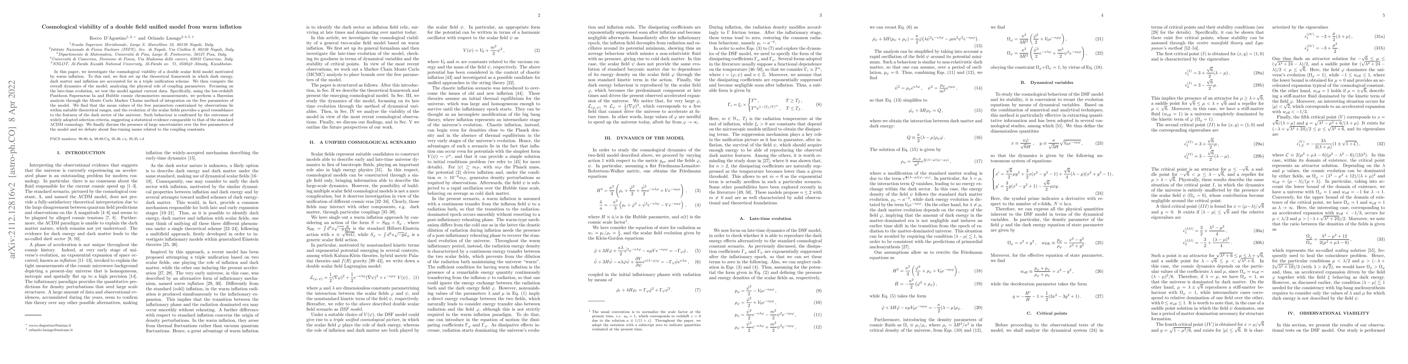 Thumbnail for Cosmological viability of a double field unified model from warm
  inflation