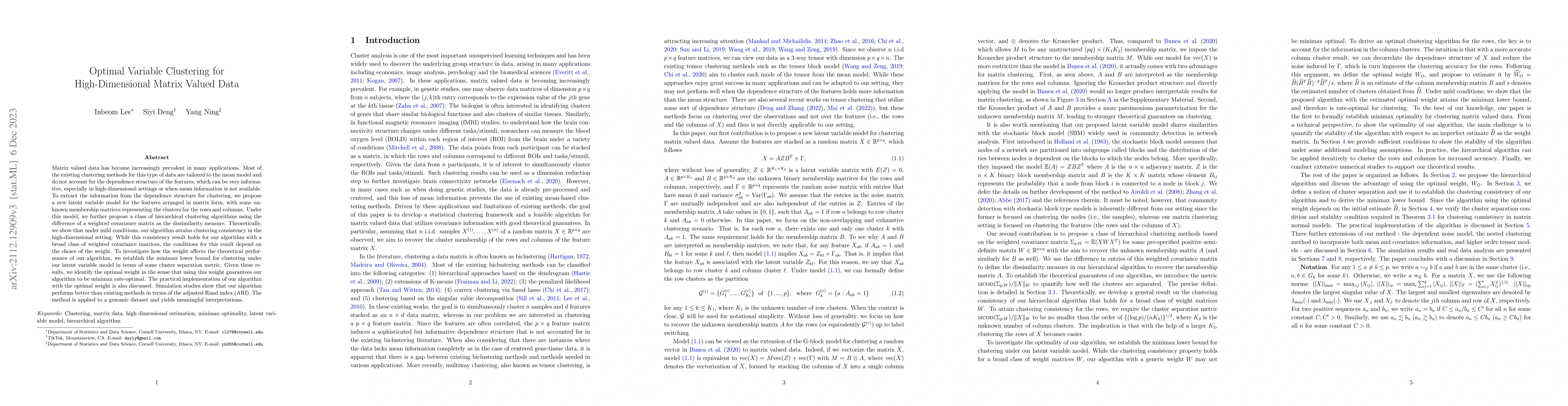 Thumbnail for Optimal Variable Clustering for High-Dimensional Matrix Valued Data