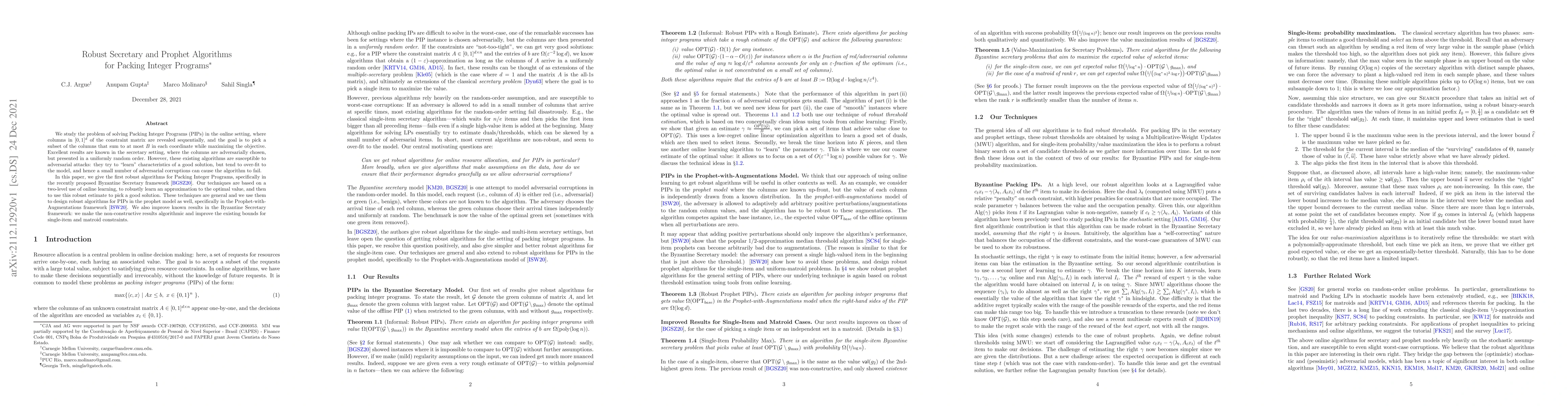 Thumbnail for Robust Secretary and Prophet Algorithms for Packing Integer Programs