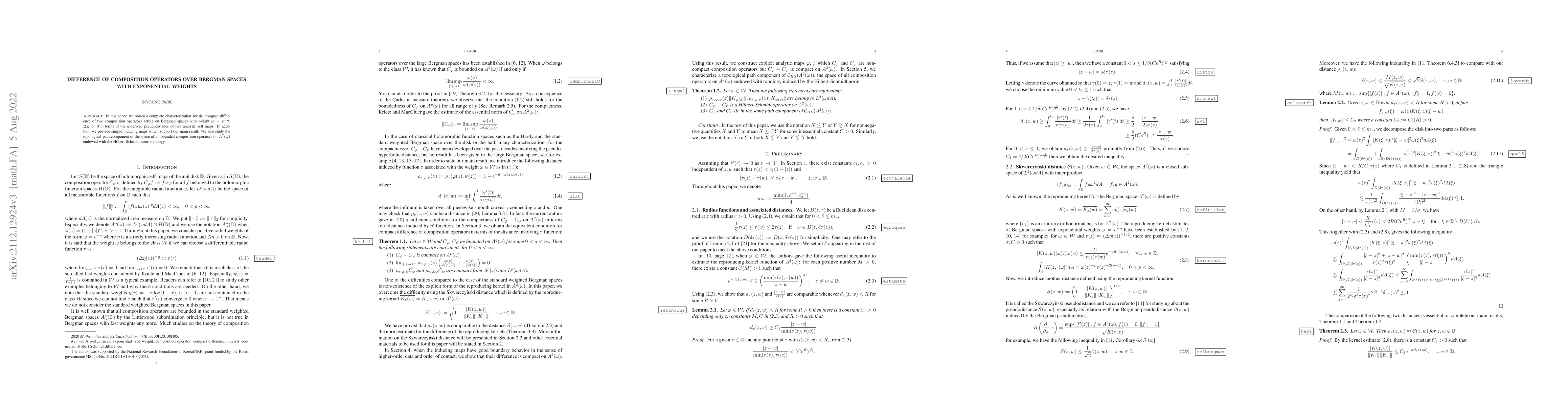 Thumbnail for Difference of Composition operators over Bergman spaces with exponential
  weights