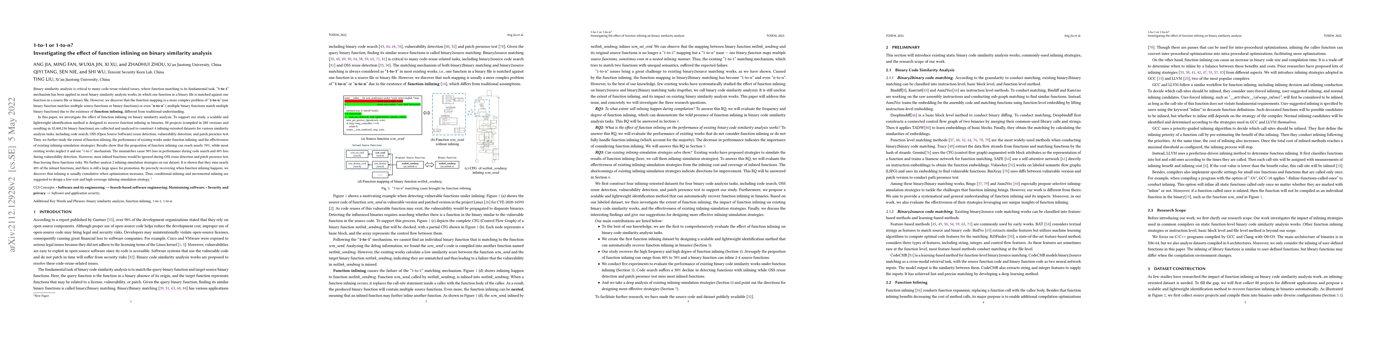 Thumbnail for 1-to-1 or 1-to-n? Investigating the effect of function inlining on
  binary similarity analysis