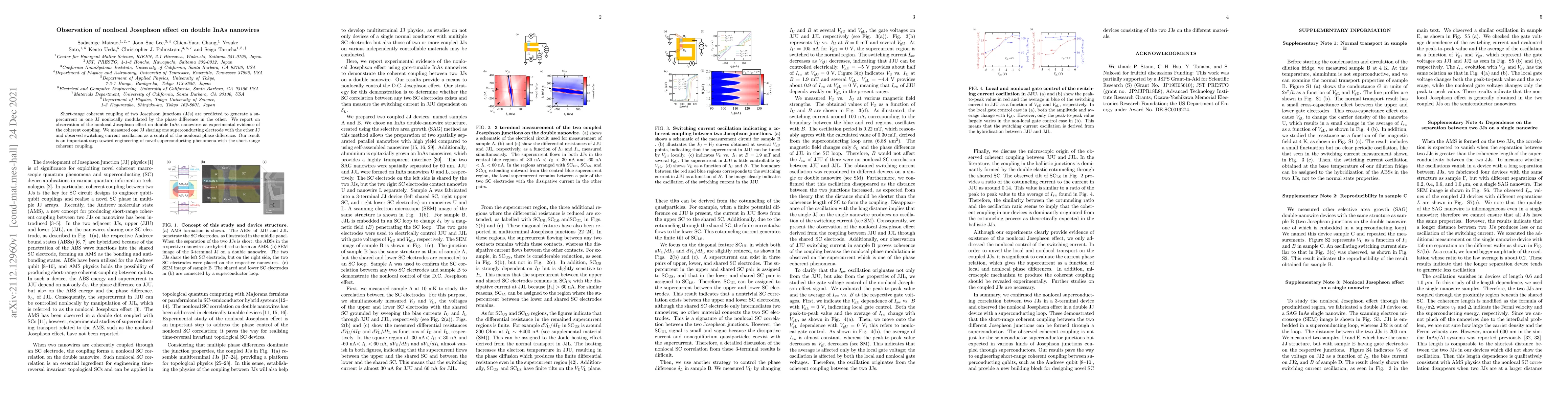 Thumbnail for Observation of nonlocal Josephson effect on double InAs nanowires