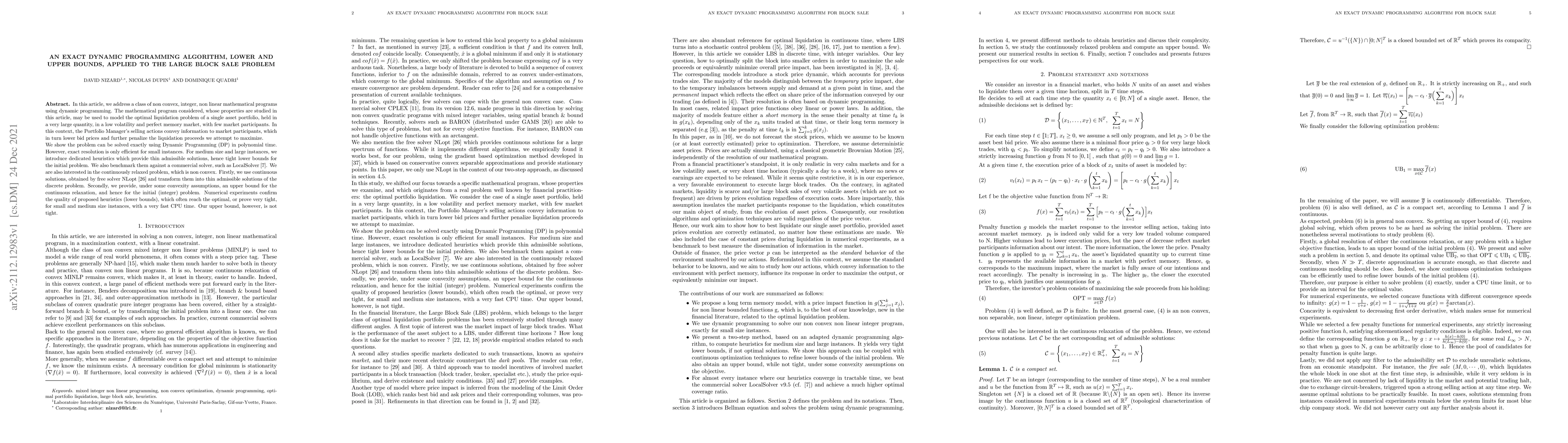 Thumbnail for An exact dynamic programming algorithm, lower and upper bounds, applied
  to the large block sale problem