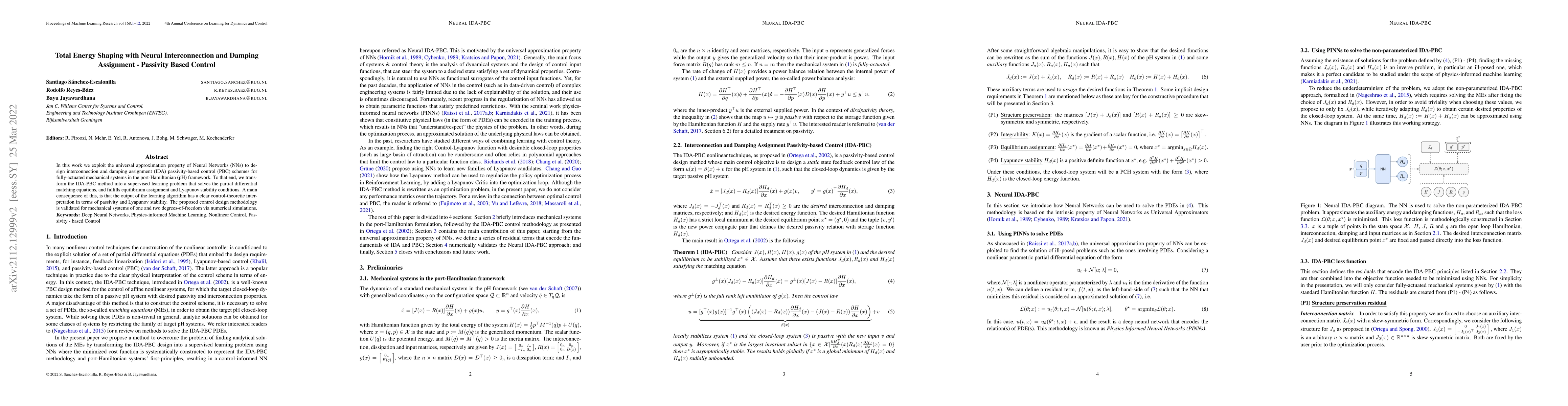 Thumbnail for Total Energy Shaping with Neural Interconnection and Damping Assignment
  -- Passivity Based Control