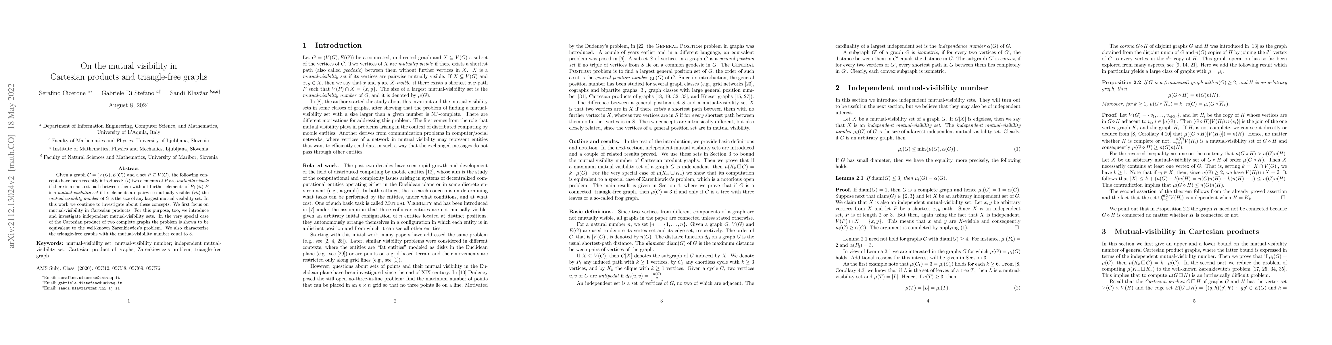 Thumbnail for On the mutual visibility in Cartesian products and triangle-free graphs