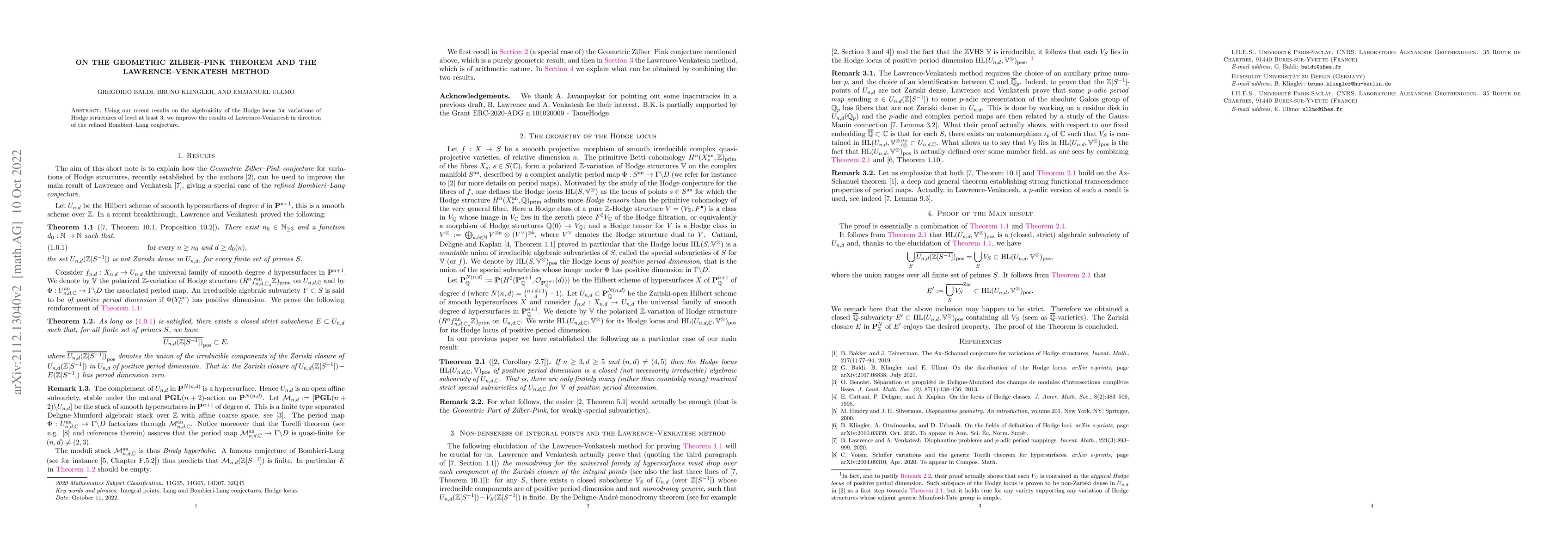 Thumbnail for On the Geometric Zilber-Pink Theorem and the Lawrence-Venkatesh method
