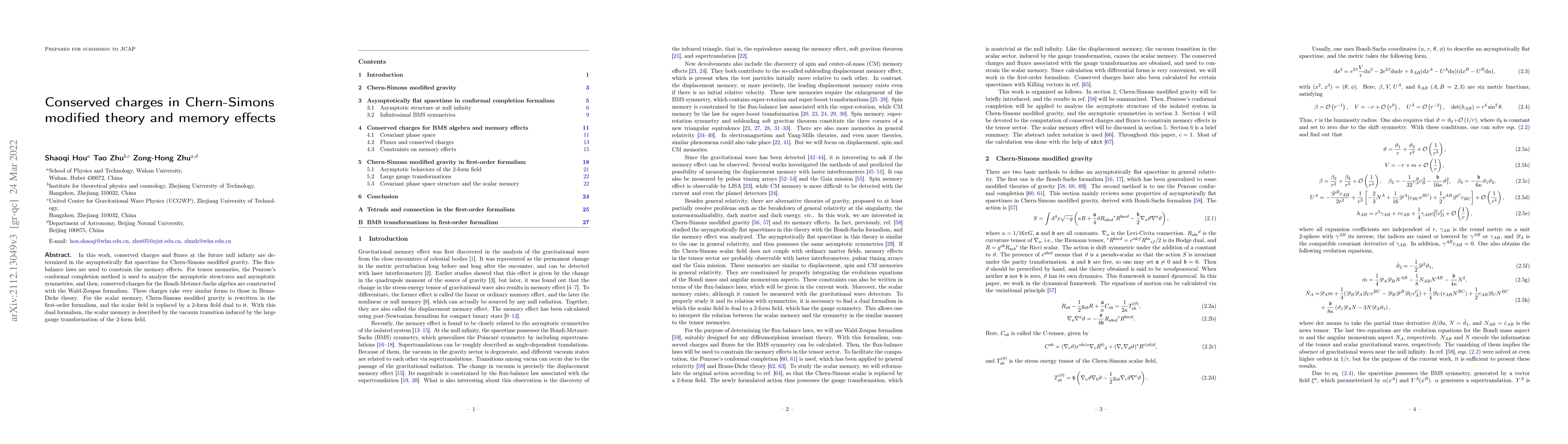 Thumbnail for Conserved charges in Chern-Simons modified theory and memory effects