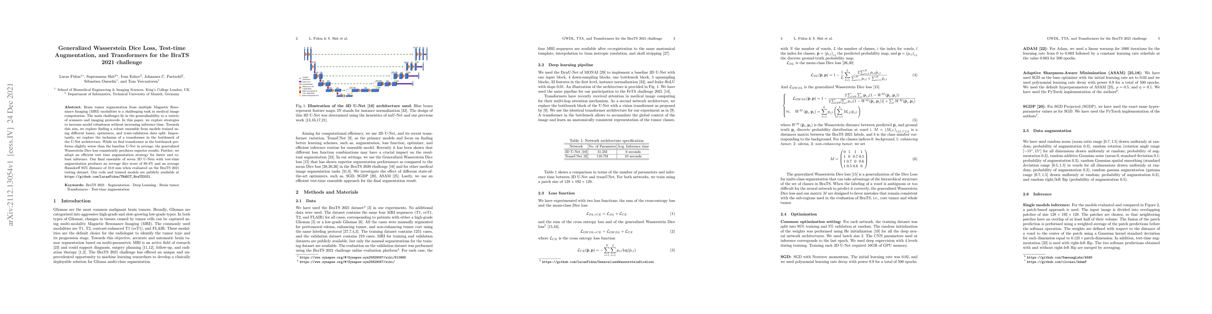 Thumbnail for Generalized Wasserstein Dice Loss, Test-time Augmentation, and
  Transformers for the BraTS 2021 challenge