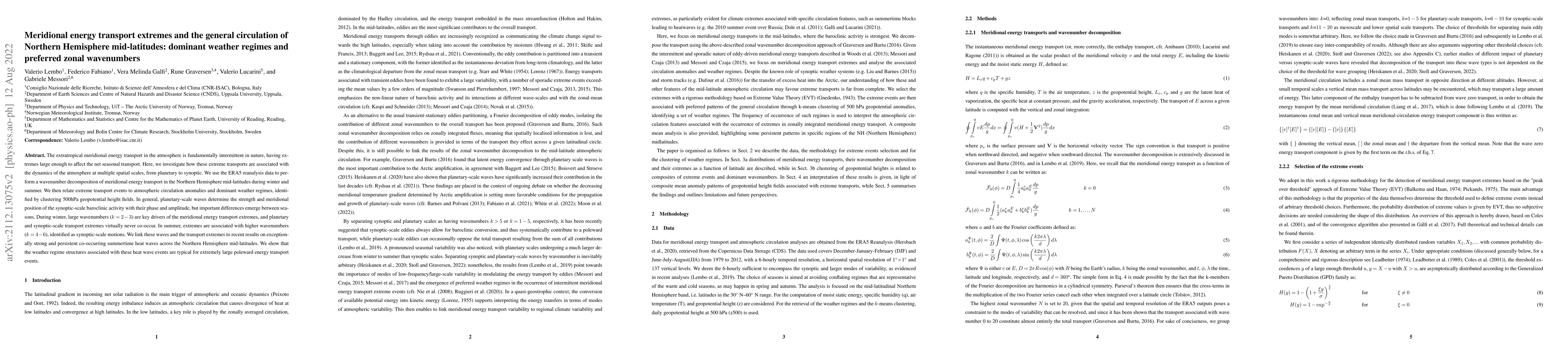 Thumbnail for Meridional energy transport extremes and the general circulation of
  Northern Hemisphere mid-latitudes: dominant weather regimes and preferred
  zonal wavenumbers